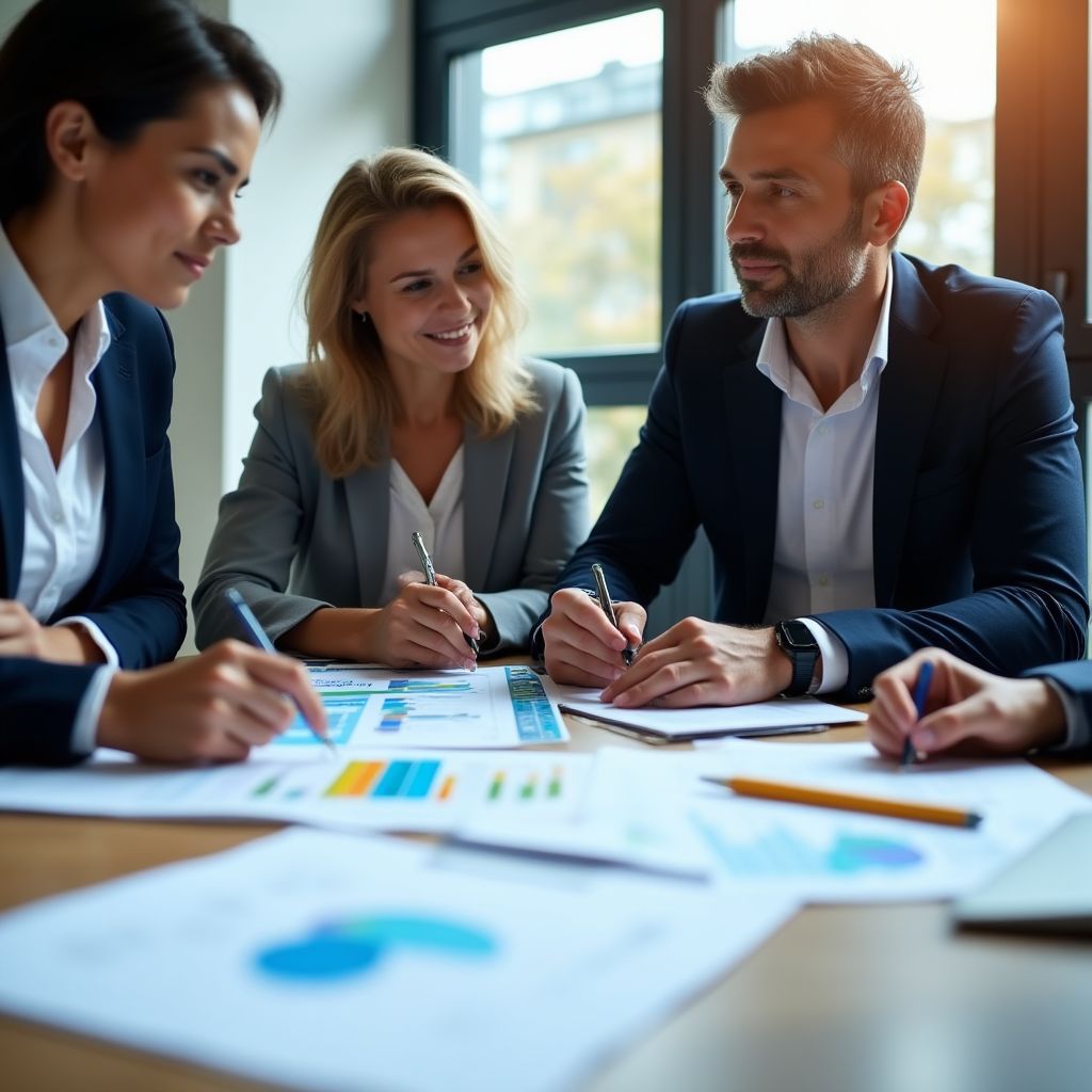 Equipo de consultores financieros en reunión estratégica